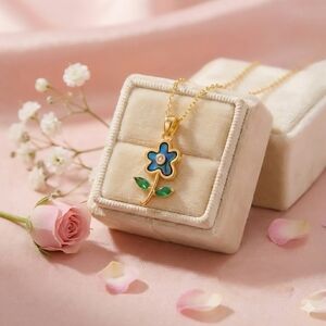 18K Gold Plated Blue Flower Necklace  Abalone Shell & Sparkling Zirconia Pendant